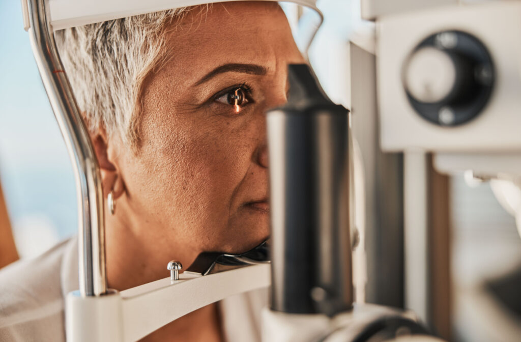 Close-up of a senior woman undergoing a slit-lamp exam