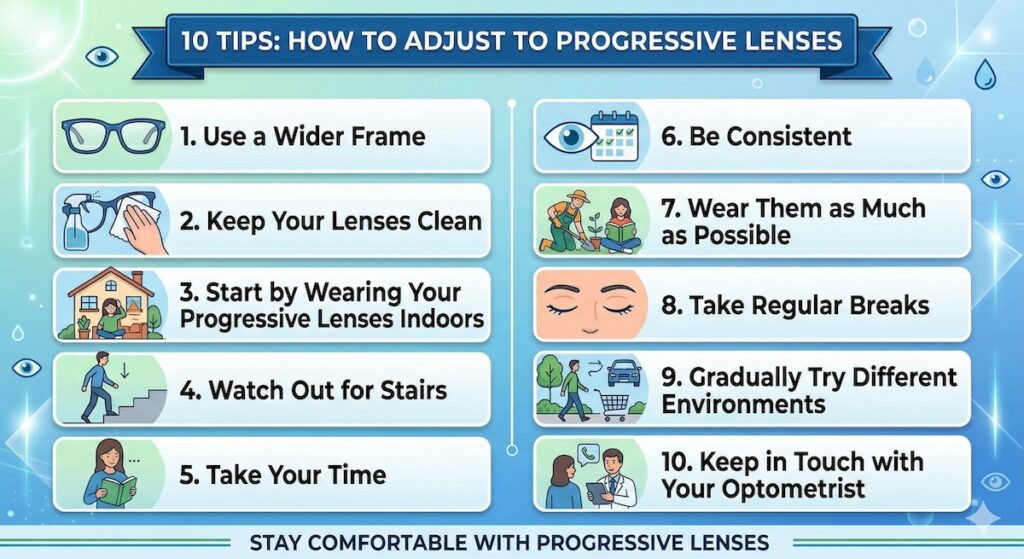 An infographic of 10 tips for how to adjust to progressive lenses.