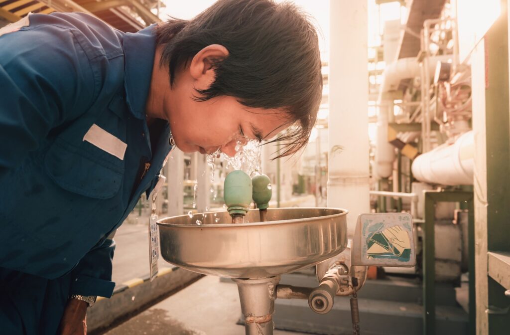 A man being exposed to chemicals and using an eyewash station for emergency eye washing at a chemical factory.