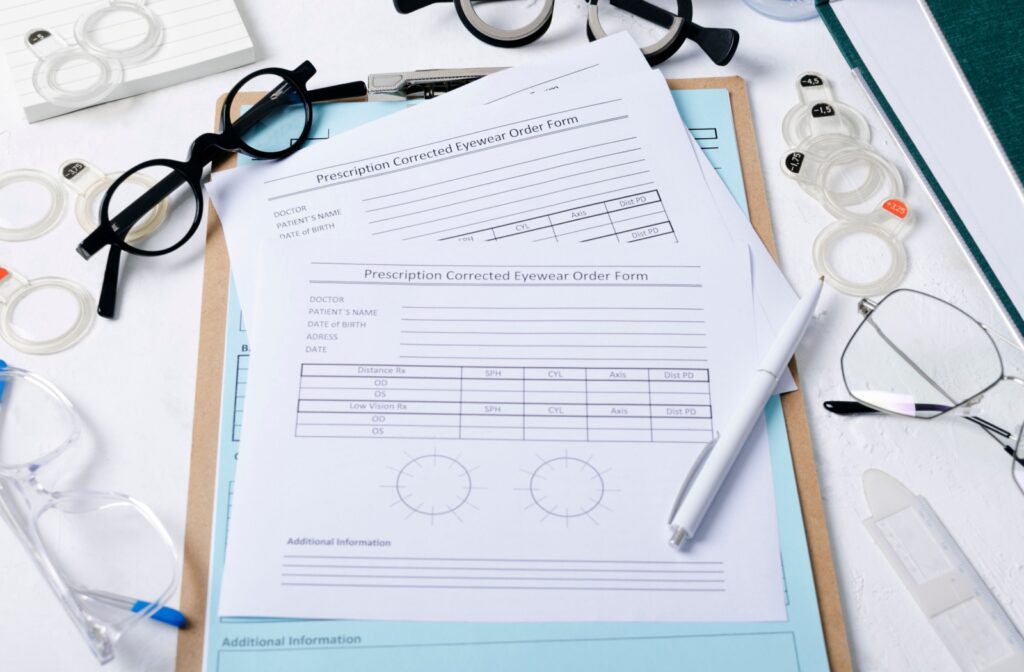 An eyeglass prescription form on a table, surrounded by eyeglasses frames.