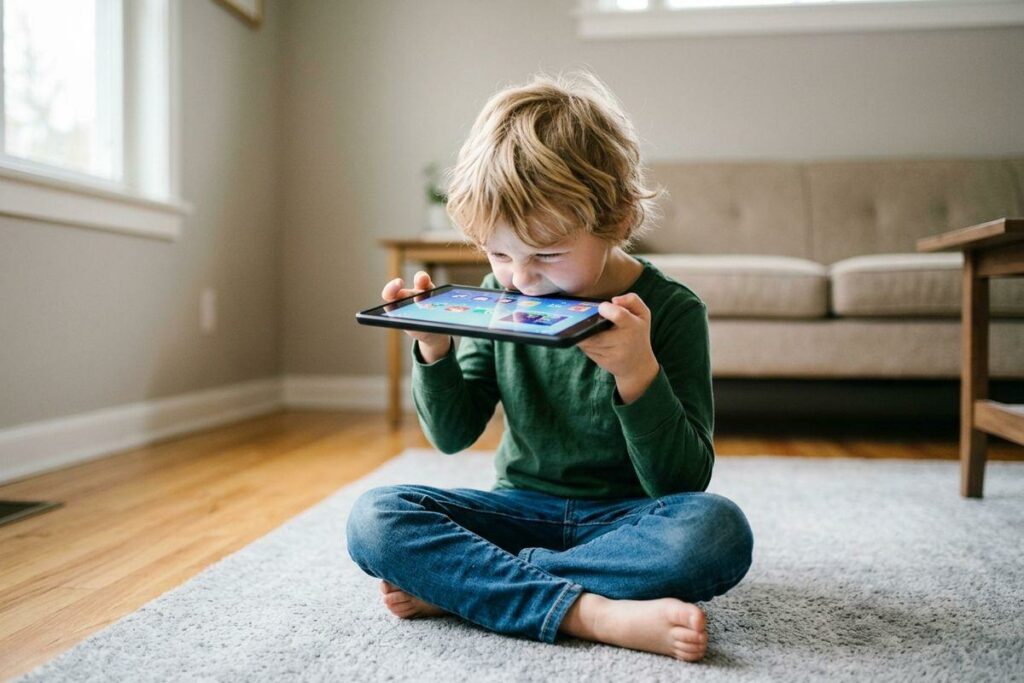 Child sitting cross-legged on a rug, holding a tablet close to their face in a living room.