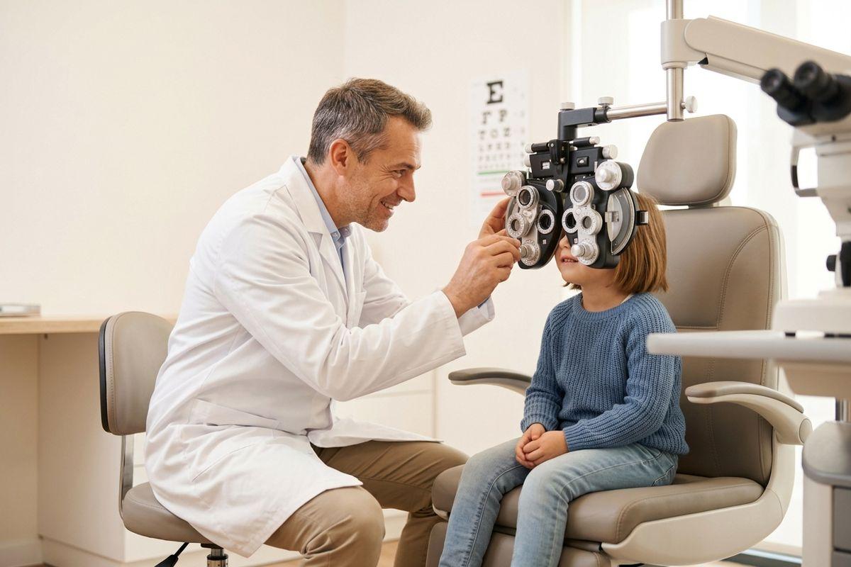 Optometrist smiling while examining a child's eyes with a phoropter in an exam room.