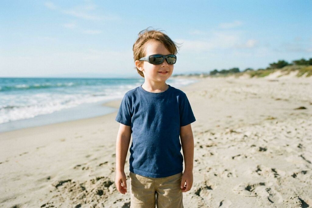 Child in sunglasses and blue t-shirt smiling on a sandy beach beside the ocean.