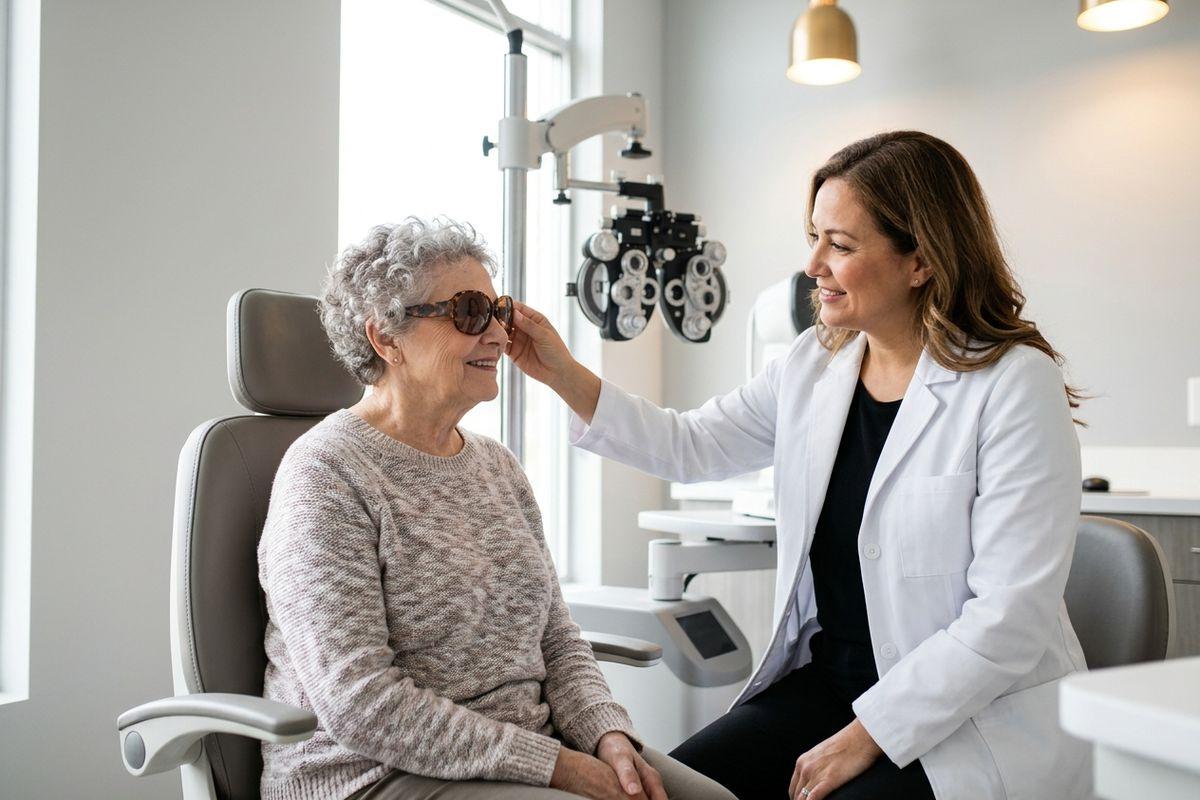 Optometrist helping smiling older adult try on sunglasses in exam room, with a phoropter behind them.