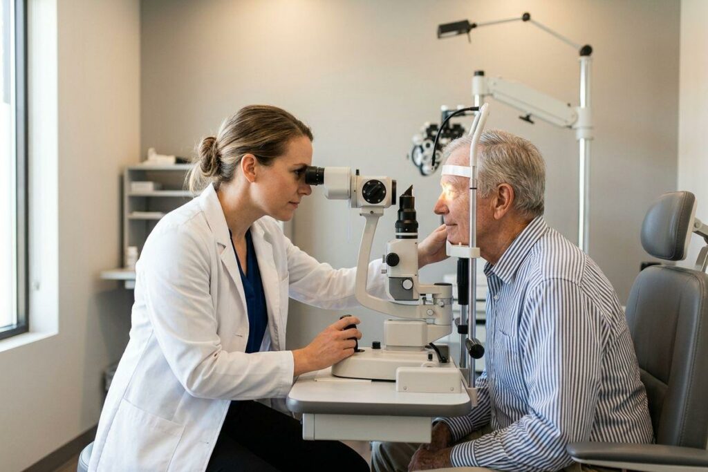 An optometrist examines an older adult's eyes using a slit lamp during an eye exam.