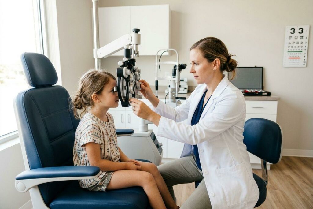 Optometrist adjusts a phoropter for a child seated in an exam chair during an eye test.