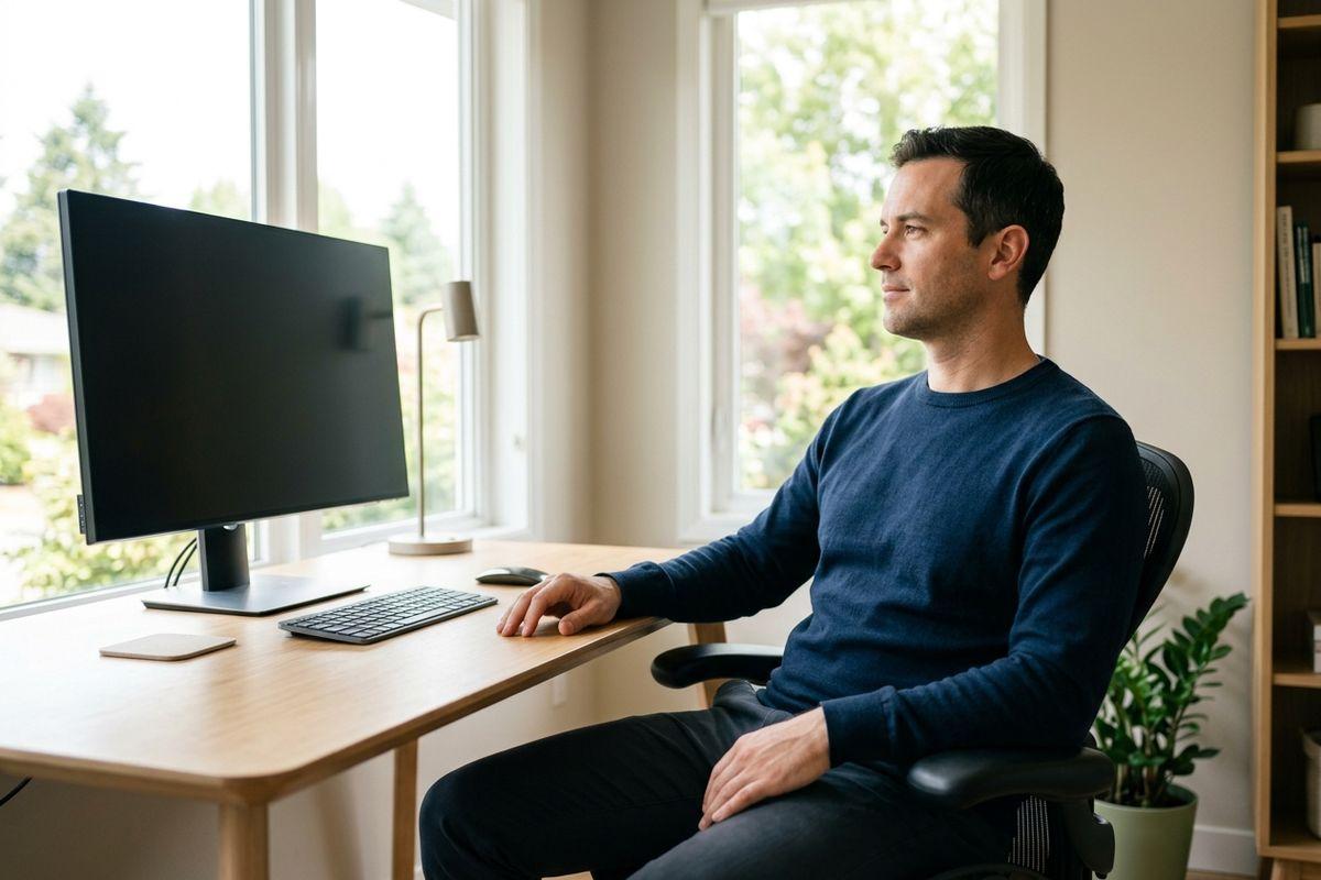 Person in a navy sweater sitting at a wooden desk with a blank monitor, looking toward a bright window.